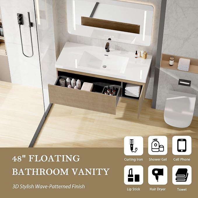 48 Inch Floating Bathroom Vanity with Sink, Modern Oak Wall Mounted Floating Vanity with Glossy Resin Sink, Soft Closing Drawer and Door, Fully Pre Assembled Bathroom Vanity, Natural Oak