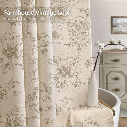 Farmhouse Floral Linen Shower Curtain, Vintage Tan Pattern Rustic Shower Curtains for Bathroom, Taupe,72x72