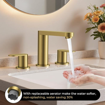 QFN Bathroom Faucet 3 Hole 8" Widespread Vanity Sink Faucet Brushed Gold | 304 Stainless Steel Bathroom Sink Faucet with Pop-up Drain, 6-12 Inch 3 Hole Install, for RV Laundry Farmhouse Restroom Sink