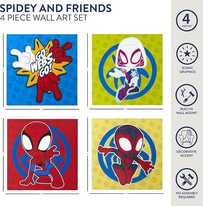 Idea Nuova Spidey and His Amazing Friends 4 Pack Square Canvas Wall Art Set, 11"x11" each for Bedroom