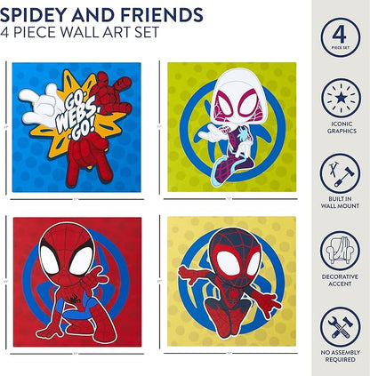 Idea Nuova Spidey and His Amazing Friends 4 Pack Square Canvas Wall Art Set, 11"x11" each for Bedroom