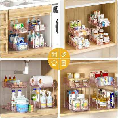 Delamu 2-Tier Under Sink Organizers and Storage, Multi-Purpose Stackable Bathroom Cabinet organizers, Pull Out Kitchen Pantry Organization and Storage with Dividers(2 Pack, Pink)