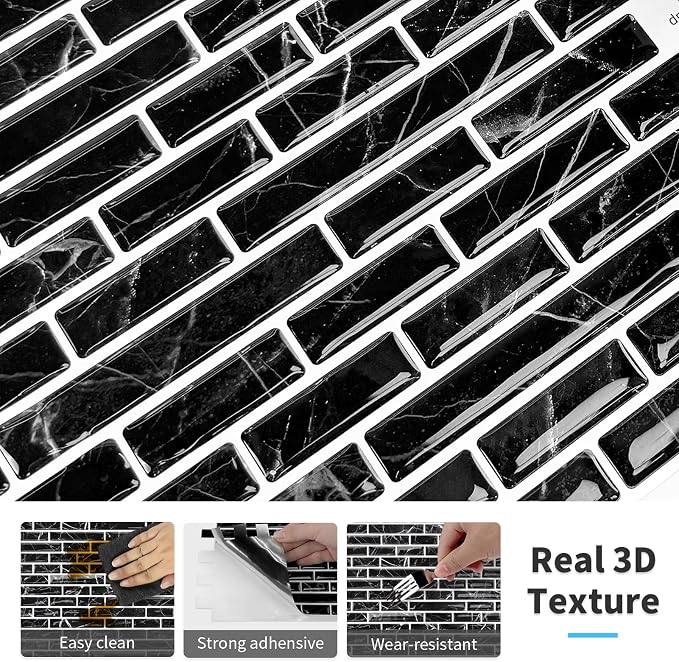 URCOLOR 10-Sheet Peel and Stick Backsplash Tile for Kitchen - 12”×12” Stick on Wall Tile for Bathroom, Black