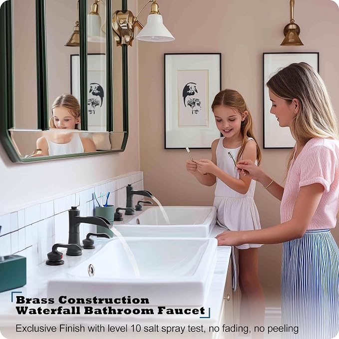 Brass Waterfall Bathroom Faucet, 4-16 Inch Black Bathroom Sink Faucet 3 Hole Bathroom Widespread Faucet, 2 Handles Bathroom Faucets Vanity Faucet with Pop Up Drain, Supply Water Hose