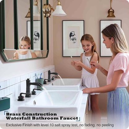 Brass Waterfall Bathroom Faucet, 4-16 Inch Black Bathroom Sink Faucet 3 Hole Bathroom Widespread Faucet, 2 Handles Bathroom Faucets Vanity Faucet with Pop Up Drain, Supply Water Hose