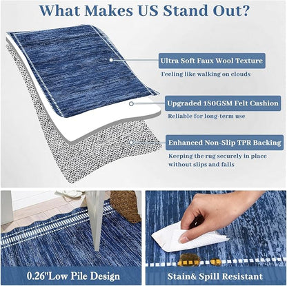 Garvee Navy Scalloped Rug 10x13 Washable Rug for Living Room | Girls Rug for Bedroom Non-Slip Soft Carpet for Bedroom, Scalloped Low-Pile Print Accent Rug for Dining Room Home Office