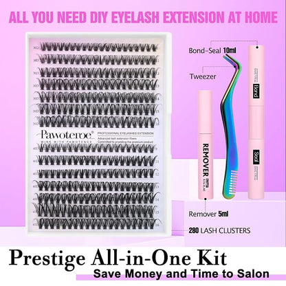 Lash Extension Kit DIY 280pcs Individual Lash Clusters Kit 30D 40D Cluster Eyelash Extensions Kit with Bond and Seal, Remover, Tweezers for Self Use (30D&40D, 9-16mm, All Kit)