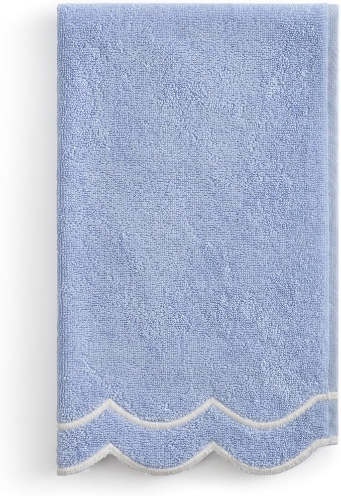 Peri Home 100% Cotton Hand Towel, 16" x 27", Blue with White Scallop, 1-Pc | Bathroom, Embroidered, Soft & Absorbent