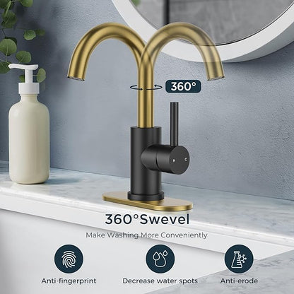 FORIOUS Black and Gold Bathroom Sink Faucet 1 or 3 Hole with Metal Pop Up Drain and Hoses, Single Handle Vanity Faucet for Bathroom Vanity Bar Kitchen RV, 360° Swivel High Arc Spout