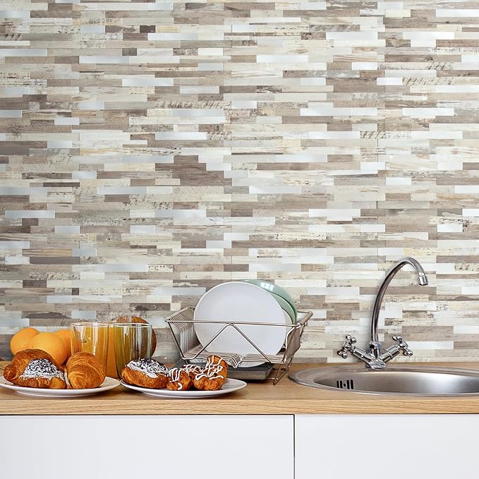 AULIGET 20 Sheets Peel and Stick Backsplash, Beige Wood Look PVC Mixed Metal Stick on Backsplash Tiles for Kitchen