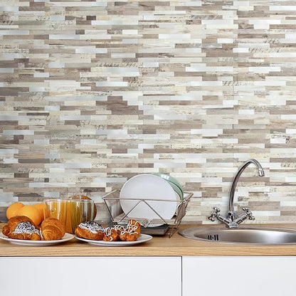 AULIGET Peel and Stick Backsplash, Beige Wood Look PVC Mixed Metal Stick on Bathroom Backsplash, 2