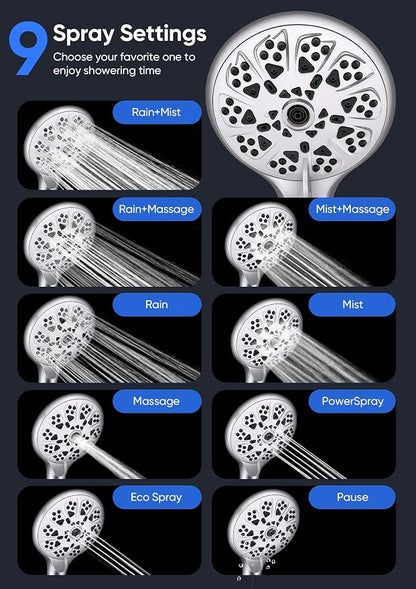 Shower Head with Handheld High Pressure, Rain Shower Head with Fixed Showerhead and 9 Sprays Handheld Shower, Detachable 2-IN-1 Shower head with 59" Rotatable Stainless Steel Hose (Chrome)