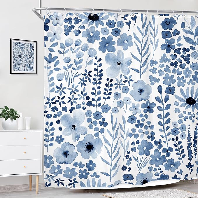 Navy Blue Floral Wildflower Watercolor Flower Bathroom Shower Curtain Set | 72"W x 72"H Leaves Botanical; waterproof HD print, quick-dry fabric with 12 hooks for easy hanging.