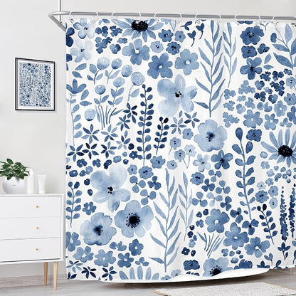 Navy Blue Floral Wildflower Watercolor Flower Bathroom Shower Curtain Set | 72"W x 72"H Leaves Botanical; waterproof HD print, quick-dry fabric with 12 hooks for easy hanging.