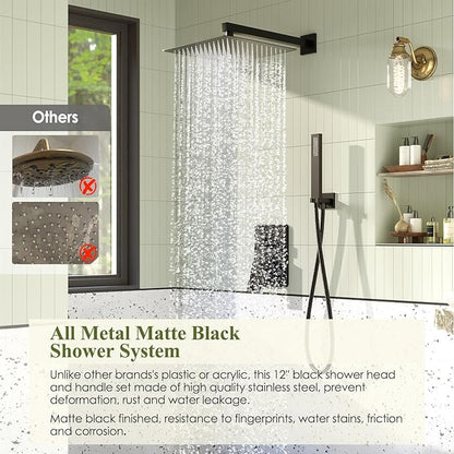 Shower System, Matte Black Shower Faucet Set, 12 Inch Rain Shower Head with Handheld Spray, High Pressure Shower Head System with Shower Valve and Trim Kit, Wall Mounted Shower Head Set