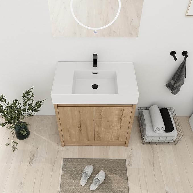 30'' Freestanding Bathroom Vanity, 30 Inch Floor Stand Bathroom Vanity with Sink, Single Resin Sink Cabinet Set, Modern Storage Cabinet, with Soft Closing Door, 03630IMO+30120MMO
