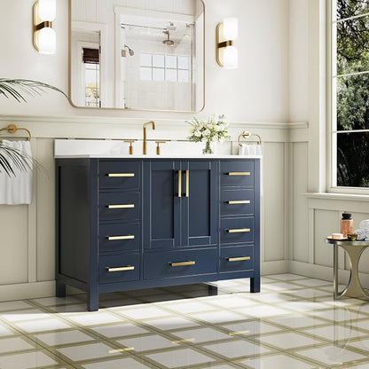 48-Inch Bathroom Vanity with Sink, 2 Soft-Close Doors and 9 Soft-Close Drawers, Bathroom Freestanding Vanity with Cultured Marble Countertop, Navy Blue Vanity W/Gold Handles