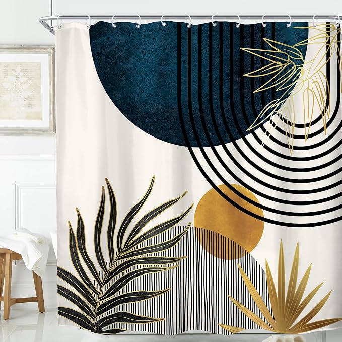 KOMLLEX Mid Century Blue Boho Abstract Modern Bathroom Shower Curtain Set | 72Wx72L Plant Botanical design, waterproof HD print with fast-drying fabric and 12 hooks.