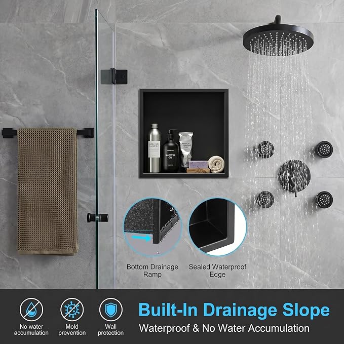 304 Stainless Steel Shower Niche 12” x 12” for Bathroom Storage | Waterproof Matte Black Recessed Shower Niche No Tile Needed with 2-Tier Shelves
