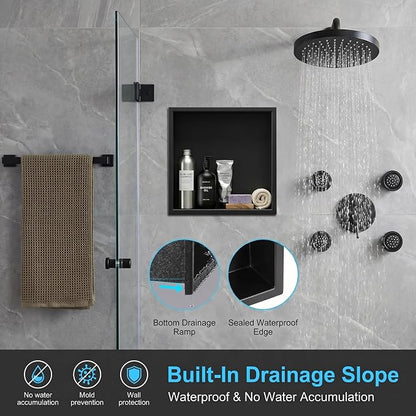 304 Stainless Steel Shower Niche 12” x 12” for Bathroom Storage | Waterproof Matte Black Recessed Shower Niche No Tile Needed with 2-Tier Shelves