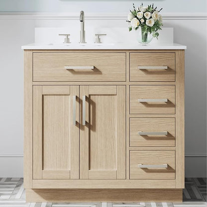 36-Inch Bathroom Vanity with Sink W/ 2 Doors & 4 Drawers & 1 Flip Drawer, Oak Vanity W/Brushed Nickel Handles