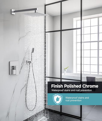 SR SUN RISE Shower Faucet Set & System - 10 Inch Rainfall Shower Head & Handle Set Wall Mounted Polished Chrome Solid Brass Valve Trim Kit Included