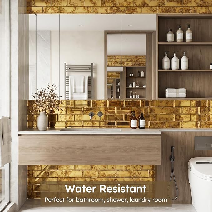 Peel and Stick Mirror Subway Tiles, Gold Antique, 3x6 Inch, 5 Sq.ft | Beveled Mirror Glass Subway Backsplash for Kitchen Bar Bathroom Wall Tile