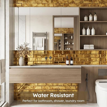 Peel and Stick Mirror Subway Tiles, Gold Antique, 3x6 Inch, 5 Sq.ft | Beveled Mirror Glass Subway Backsplash for Kitchen Bar Bathroom Wall Tile
