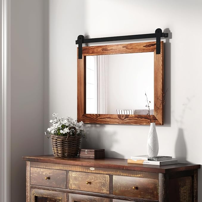 COGOOD Farmhouse Barn Door Mirror - 18 x 25 Brown | Rustic Wood Framed Vanity Mirror for Entryway, Living Room, Bedroom, Bathroom Wall Decor
