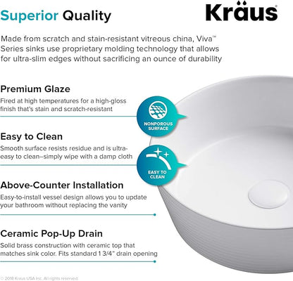 KRAUS Viva™ Round White Porcelain Ceramic Vessel Bathroom Sink with Pop-Up Drain, 15 3/4 in. D x 5 3/8 in. H, KCV-205GWH