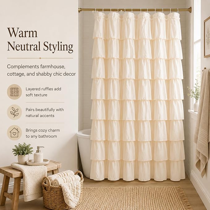 Beige Ruffle Shower Curtain for Bathroom, 72x72, Elegant Ruffled Panle | Soft Cream Color, Cascading Waterfall Ruffles, 72 x 72, 12 Hooks Included, Machine Washable, Soft Microfiber Fabric, Opaque