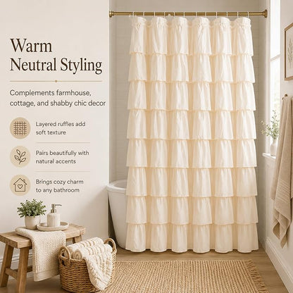 Beige Ruffle Shower Curtain for Bathroom, 72x72, Elegant Ruffled Panle | Soft Cream Color, Cascading Waterfall Ruffles, 72 x 72, 12 Hooks Included, Machine Washable, Soft Microfiber Fabric, Opaque