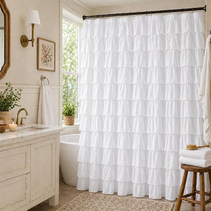 White Ruffle Shower Curtain for Bathroom, 72X84, Layered Ruffles Texture | Vintage Chic Farmhouse Style, 72 x 84 Inch, Soft Microfiber, 12 Hook Includ, Machine Washable Fabric, Affordable Luxury Feel