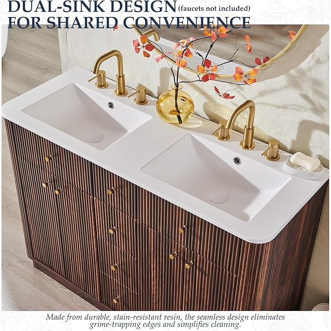 T4TREAM 48 Inch Bathroom Vanity with Sink, Modern Fluted Large Double Sink Bathroom Vanity with 2 Storage Cabinets, Adjustable Shelf, and 2 Drawers, Dark Walnut