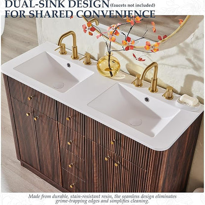 T4TREAM 48 Inch Bathroom Vanity with Sink, Modern Fluted Large Double Sink Bathroom Vanity with 2 Storage Cabinets, Adjustable Shelf, and 2 Drawers, Dark Walnut