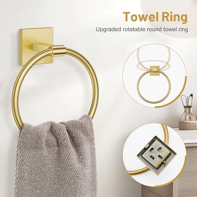 Lairuier Brushed Gold Bathroom Accessories, Towel Bar Set Wall Mounted | 5 Pieces Bathroom Hardware Set, SUS304 Stainless Steel Double Base 23.6" Towel Bar, Towel Ring, Toilet Paper Holder & Hooks