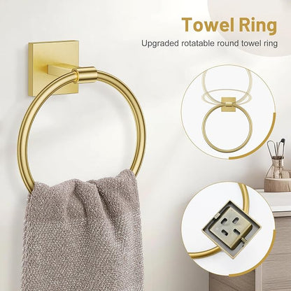 Lairuier Brushed Gold Bathroom Accessories, Towel Bar Set Wall Mounted | 5 Pieces Bathroom Hardware Set, SUS304 Stainless Steel Double Base 23.6" Towel Bar, Towel Ring, Toilet Paper Holder & Hooks