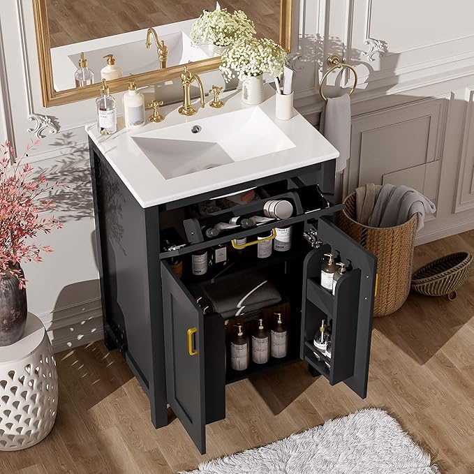 24" Bathroom Vanity with Sink, Modern Bathroom Vanity 24 Inch with Sink, 24 Bathroom Sink Vanity with Flip Drawer, Cabinet and Door Shelves, 24" Vanity with Sink for Bathroom (Black)