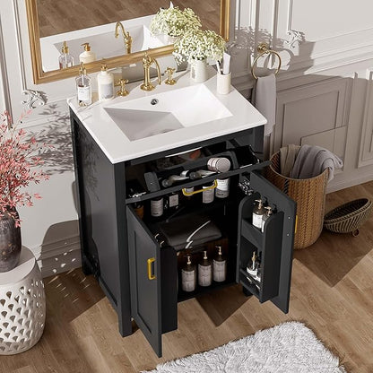 24" Bathroom Vanity with Sink, Modern Bathroom Vanity 24 Inch with Sink, 24 Bathroom Sink Vanity with Flip Drawer, Cabinet and Door Shelves, 24" Vanity with Sink for Bathroom (Black)