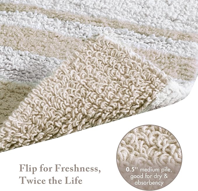 Madison Park Spa Cotton Bath Rug Absorbent Plush Striped, 24 x 72, Taupe | Soft Pile, Machine Washable, OEKO-TEX Certified