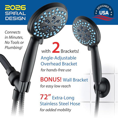 AquaCare New 8-mode High Pressure Handheld Shower Head w/ 2-way Power Wash | Stay Clean Nozzles, Dual Power Wash for Tub, Tile & Pets, Long 6 ft. Stainless Steel Hose, Wall & Overhead Brackets / Black