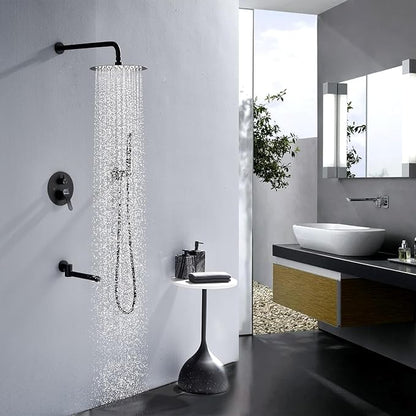 DASAN Tub Shower Faucets Sets Complete Bathtub Faucet Set Matte Black Bathtub Shower System with Tub Spout, Bathroom Tub and Shower Faucet Combo Trim Kit with Rough-in Valve, DA-SS03AMB-R10W
