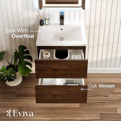 Eviva Joy 24 in. Rosewood Wall MountSingle Sink Bath Vanity with Porcelain Top and Integrated Sink