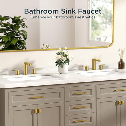 FORIOUS Bathroom Faucet 3 Hole 8 Inch Widespread for Vanity Brushed Gold | Two Handles Bathroom Sink Faucet with Pop-up Drain and cUPC Lines, Fits 6-12 Inch 3 Hole Install, for RV Laundry and Basin