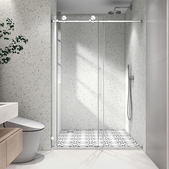 Single Sliding Shower Door,49"-54" W x 76" H Frameless Shower Door with 5/16" (8mm) Thick SGCC Tempered Glass W/Adjustable Soft Closing,Bathroom Glass Door for Spa（Brushed Nickel ）
