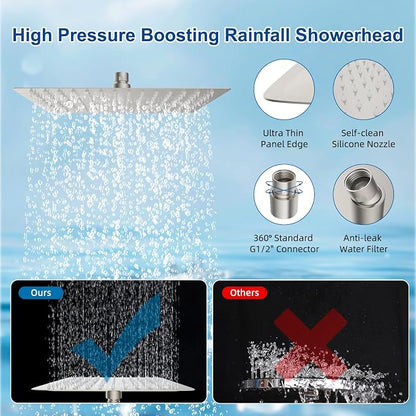 Metal 12" Rain Showerhead with 10-Spray Handheld, Easy Reach 4-way Diverter | Brushed Nickel Finish, Upgraded High Pressure Shower Head with Pause Mode, 71" Stainless Steel Hose/12" Extension Arm
