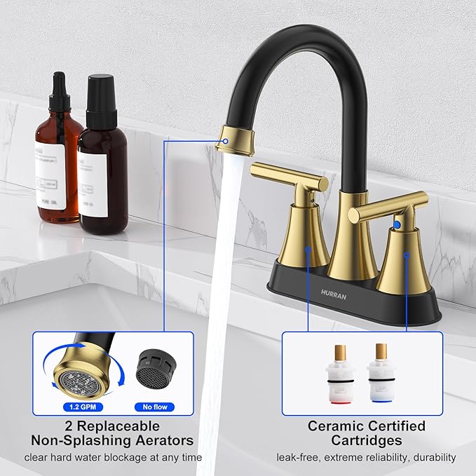 Gold and black faucet with water flowing, bottles on the side, and text about replaceable avertors and ceramic certified cartridges.