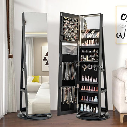 MAT EXPERT 360° Rotating Jewelry Armoire, Lockable Freestanding Jewelry Organizer w/Full-length Mirror, 3-Color LED Lights, Rear Storage Shelves, Mirror Jewelry Cabinet for Bedroom (Black)