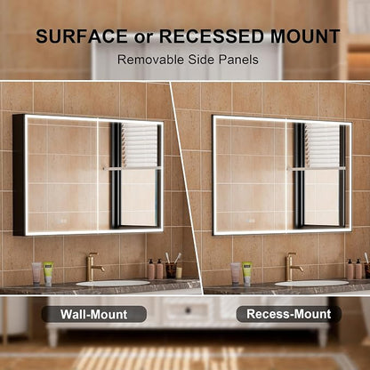 48" X 30" LED Mirrored Medicine Cabinet, Medicine Cabinets with Lights for Bathroom, Defogging Function Mirror Cabinet, Bathroom Medicine Cabinet with USB Port & Outlet, Double Opening Doors