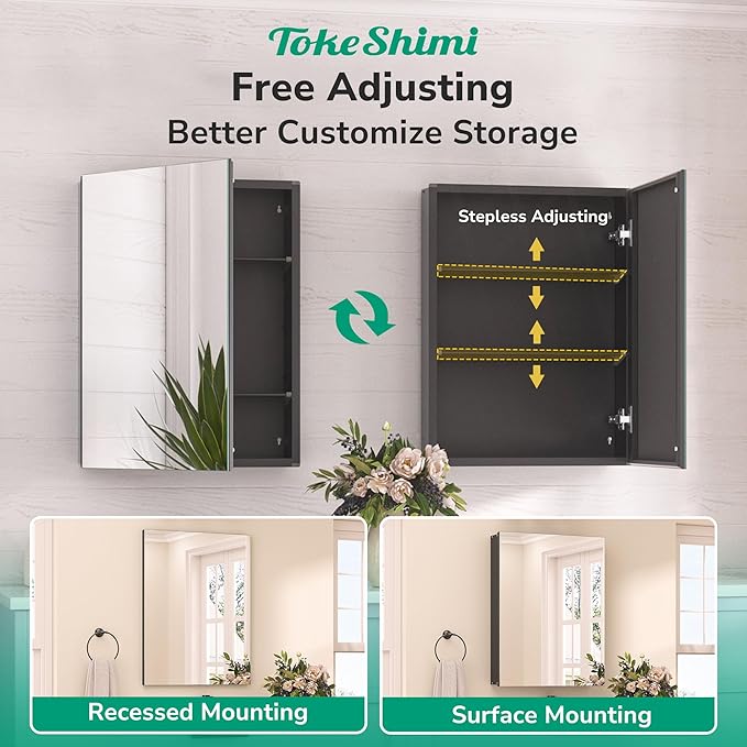 TokeShimi 16 x 24 Mirrored Medicine Cabinet Recessed or Surface Mount, Aluminum Tempered Black Bathroom Medicine Cabinet with Mirror with Adjustable Storage Metal for Modern Farmhouse